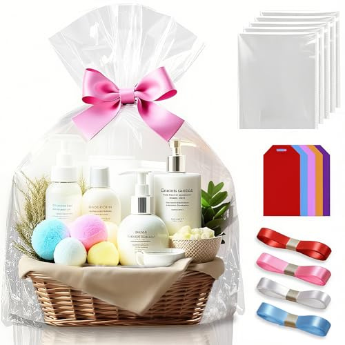 Upgraded, pellicola regalo trasparente con sacchetti di cellophane trasparente extra grande, pellicola regalo trasparente con fiocchi per regali, cestini, fiori, matrimoni, 5 pezzi, 75 x 100 cm