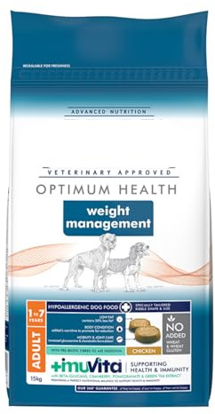 Optimum Health Weight Management Adult Dry Dog Food 15kg - Digestible Chicken Protein With Omega 3 & 6, Vitamins, Minerals - Supports Digestion, Skin, Coat, Heart, and Joint Health