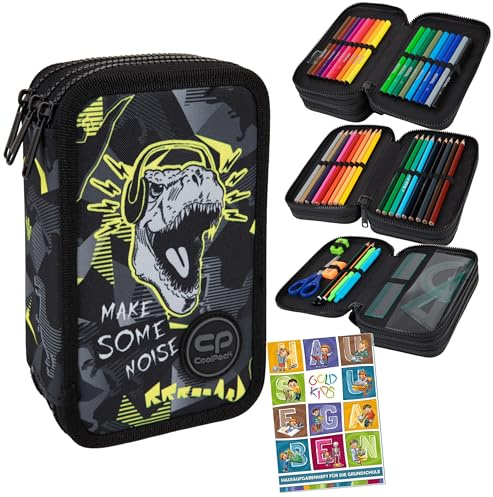 Goldkids - Federmäppchen 3 Fächer - Mäppchen für Mädchen und Jungen - Federmappe 3-Fach Federtasche Gefüllte Schüleretui Schulmäppchen und Hausaufgabenheft - Dinosaurier Motiv