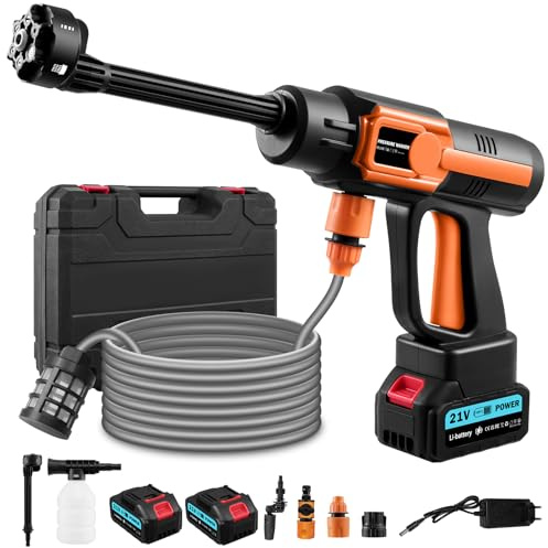Akku Hochdruckreiniger 21V, Mobile Akku Hochdruckreiniger Max 120Bar, 10 Gang Modus, Pressure Washer Mit 2 Akku, 6-in-1-Multifunktionale Düse, 5M Schlauch, für Autos, Terrasse | Reinigung Bewässerung