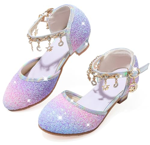 LECYGNB Chaussure Princesse Fille Paillettes Déguisement Talon Haut Cosplay Mariage Noël Anniversaire Cérémonie Fête Danseuses Ballerines Sandale Crystal Bling Violet dégradé EU 26