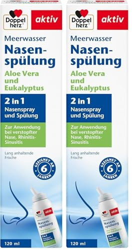 Doppelherz Meerwasser Nasenspülung - zur Anwendung bei verstopfter Nase, Rhinitis-Sinusitis - mit Aloe-Vera und Eukalyptus - 120 ml (Packung mit 2)