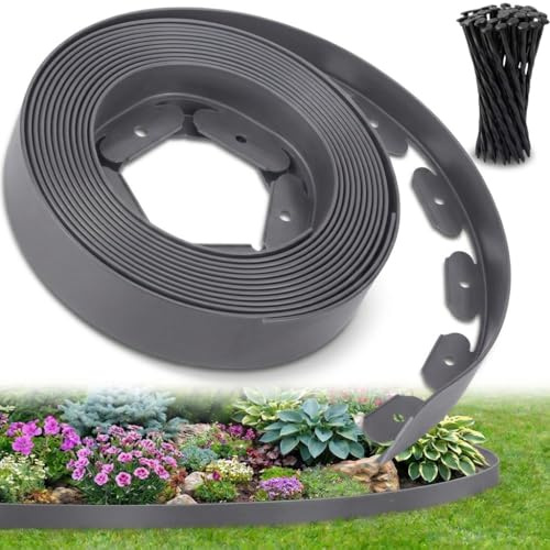 Ediesi, Bordura Jardín Exterior, 10 m, Flexible, Borde plástico Resistente 5 mm, borduras para delimitador césped, Caminos fácil instalación con 30 Piquetas (Gris, 10 Metros)
