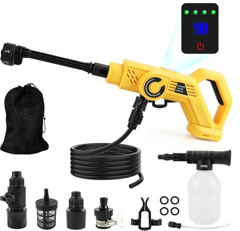 Batteridriven högtryckstvätt för Dewalt 18/20 V, förbättrad bärbar 68 bar högtryckstvätt med 4 justerbara steg, 6-i-1 spraymunstycke för bil, golvbevattning (gul, för Dewalt)