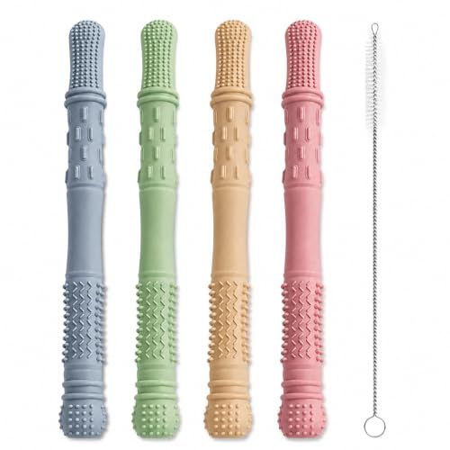 4 Jouet De Dentition Pour Bébé, Anneaux De Dentition Bébé En Silicone Alimentaire Sans BPA, Jouets De Mastication Texturés Dès 3 Mois Avec Brosse De Nettoyage, Jouet Dentition Bébé Grignoteuse Bébé