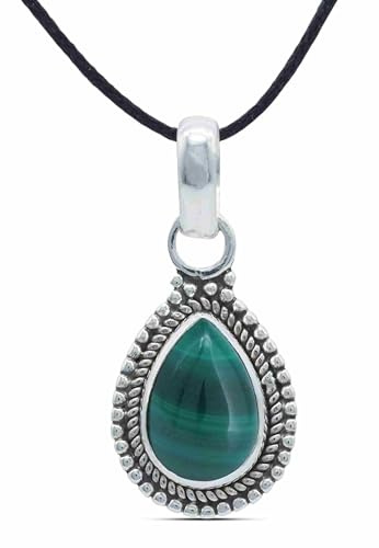 mantraroma Kettenanhänger 925 Silber Malachit grüner gestreifter Stein Edelstein Kettenanhänger Damen Sterling Silber Halskette Anhänger Geschenk (MAH-065-10)