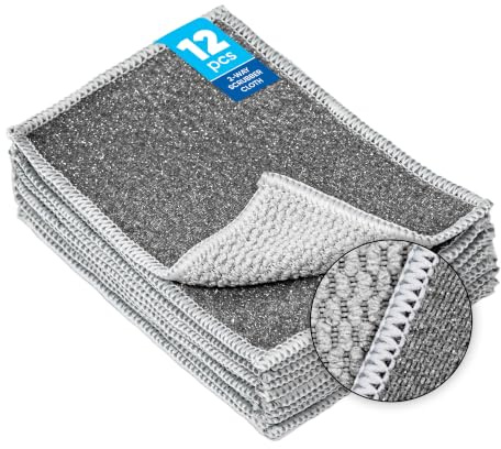 Microfiber Wholesale Scrubber Cloths (12 Pack, Grey) – Scrub Without Scratching, Safe for Non-Stick, Stainless & Glass – Two-Sided 4x6 Dish Scrubbing Cloths, Bulk Value, No Sponge Smell