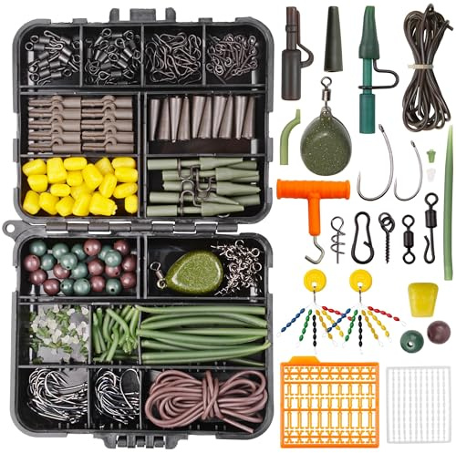 OROOTL 277PCS Carp Fishing Tackle Box, Complete Terminal Tackle Kit Carp Hooks Swivels Clips Anti-Tangle Accessories Carp Coarse Fishing Rigs Pulley Running Ledger