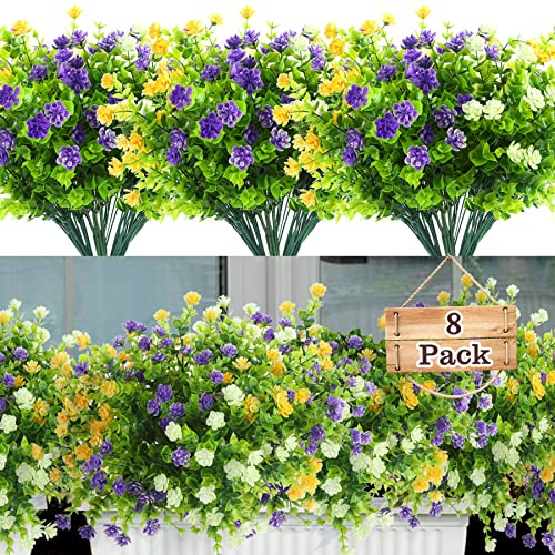 ALAGIRLS Outdoor Artificial Flowers UV Resistant 8 Bundles, Plastic Faux Flowers Fake Plants for Outdoor Planters Garden Front Door, Cemetery Flowers for Grave Vase Everlasting, White Yellow Purple