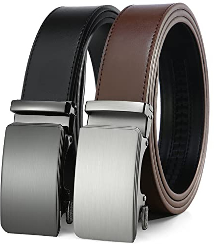 2 Pack Ratchet Belt 1 3/8, Leather Dress Belt with Click Sliding Buckle in Gift Set Box, Mens Adjustable Belt Trim to Fit (02 Black/Brown Genuine Leather Strap, 28-42 Waist Adjustable)