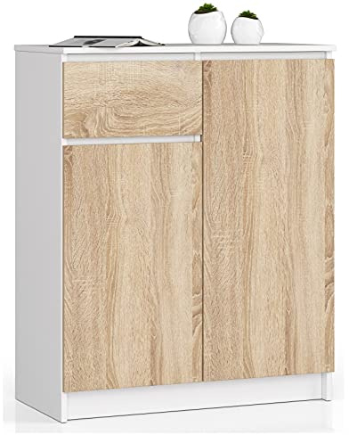 AKORD Kommode K80 2D1SZ mit 2 Türen und 1 Schublade | für das Wohnzimmer Schlafzimmer Schrank Büro Arbeitszimmer | Modernes Funktionales Design | B80 x H99 x T40 cm, Gewicht 34kg | Weiß/Sonoma-Eiche
