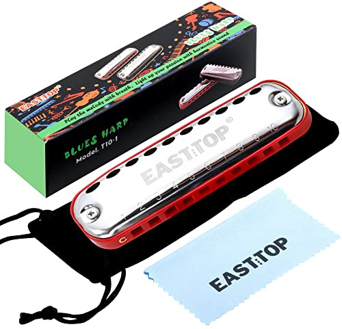 East Top Junior Blues Mundharmonika, 10 Löcher C-Taste Diatonische Mundharmonika Mundharmonika für Anfänger, Kinder, Kinder, Studenten, Geschenk, mit glatt abgerundeter Kante und Stoffbeutel, rot