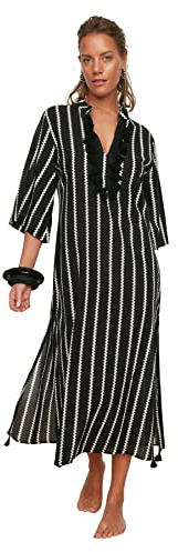 Trendyol Gestreifter Quaste detaillierter Voile Kimono & Kaftan caftán de Gasa con Detalle de borlas a Rayas, Black, Large De Las Mujeres