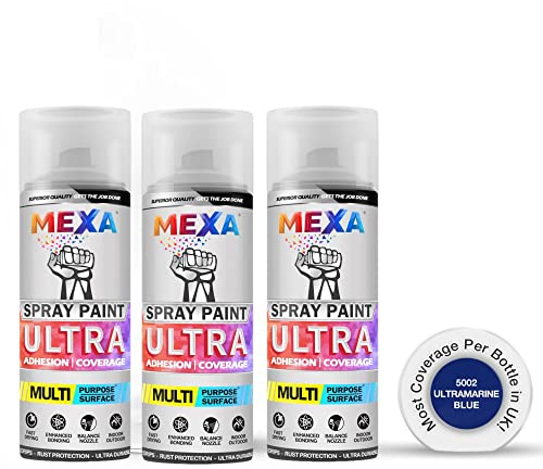 Mexa Spray Paint | Ultramarine Blue | Perfect for Radiator, Plastic, Fabric, Metal, Bike, Marking | 3 x 400ml | RAL 5002 | Triple Pack