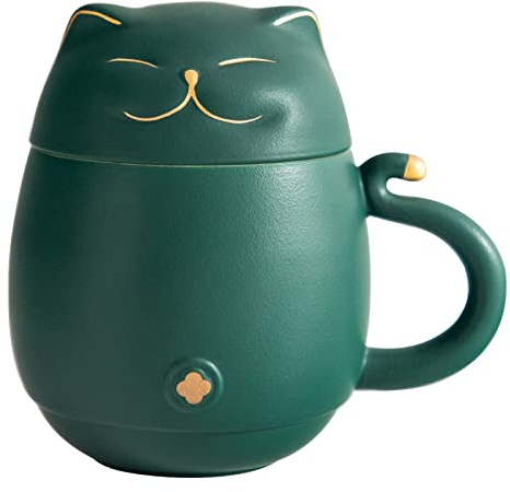HEER Ceramic Cat Tea Cup 10oz with Infuser and Lid, Green | Cat Lover & Cat Mom Birthday Gift for Friends Family, Perfect for Loose Leaf Tea, Home & Office Use