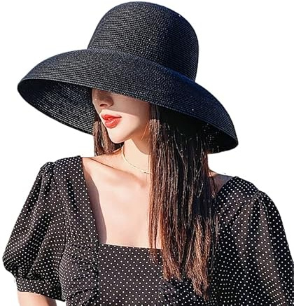 FAYTEK Cappello da sole vintage in paglia Hepburn a forma di campana a tesa larga per le vacanze da spiaggia cappello estivo tinta unita protezione UV tappi da viaggio (nero)