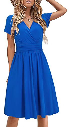 STYLEWORD Robe d'été à Manches Courtes pour Femme Robe d'été à col en V Floral Wrap Taille Robe décontractée avec Poches(Bleu,S)