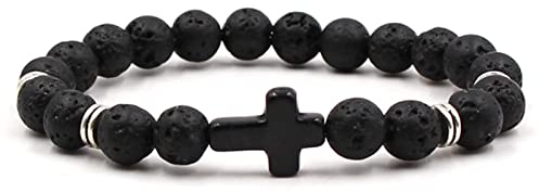 Stfery Armband Herren Schwarz Kreuz, Damen Armbänder Lavafelsen 8mm 19cm Metalllegierung Kristall Perle Armband Chakra Modeschmuck