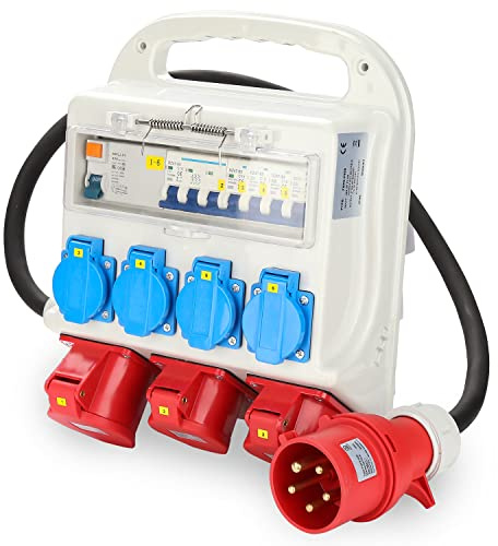 Sonnewelt Wandverteiler mit FI-Schutzschalter und schwere Gummischlauchleitung Stromzufuhr,5 Polig Baustromverteiler mit 4xSchuko-Steckdose und CEE-Steckdose 16/32A Stromverteiler