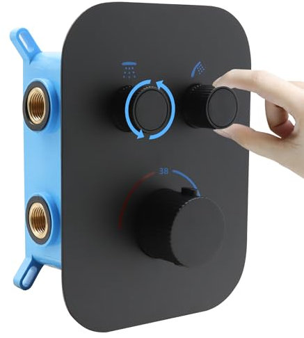 Delnet Upgraded Thermostatic Shower Mixer Valve, Dual Function Brass Shower Valve, Concealed 2 Way Shower Diverter Valve Can Control Flow and On-Off Simultaneously, Matte Black