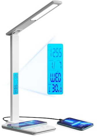 KISUFU LED-Schreibtischlampe mit kabellosem Ladegerät, 10 W, USB-Ladeanschluss, Schreibtischlampe, faltbar, mit Wecker für Temperatur und Kalender, für Schlafzimmer, Buch, Deko, Büro.