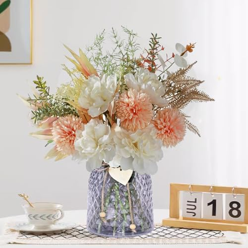 Silvotek Flores Artificiales Decoracion - Rosas Artificiales con Jarrón de Cristal, Ramos de Flores Artificiales para Decoracion Habitacion y Decoracion Salon