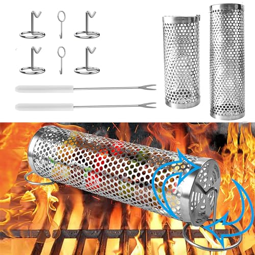 Grillkorb aus Edelstahl, 360° drehbarer Grillkorb für Camping-Zubehör, Kochen von Gemüse, Grill-Geschenke für Männer (30 cm und 31 cm), 2 Stück