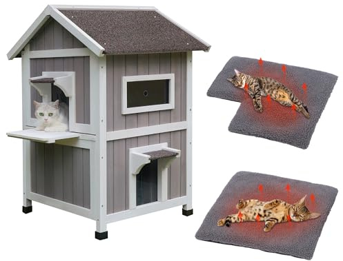 HiCaptain Niche pour chat d'extérieur résistante aux intempéries - Maison sauvage à 2 étages avec balcon et porte d'évacuation - Abri en bois pour petits animaux - Gris