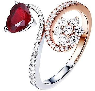 Engagement Ring mit Stein, Engagement Ring For Women Blumen Herz Labor Geschaffener Rubin 1ct Taubenblutrot Gr.56 (17.8) 18K Weißgold/18K Roségold