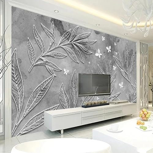 SABORR Fototapete 3d selbstklebend pvc wohnzimmer tapete grau pflanzen blätter schmetterling schlafzimmer wand dekorative kunst aufkleber
