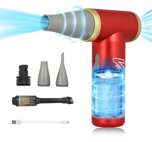 Souffleur Batterie,Souffleur Air Comprimé, Aspirateur Portable-Kica JetFan 2 KIT avec 4 Buses,Souffleur Pc,Plumeau à air électrique pour bureau, voiture, nettoyage à domicile,101000 RPM-Rouge