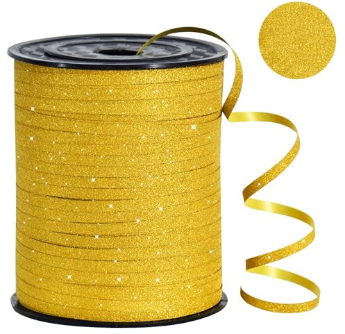 RIBBOOO 450 Meters Geschenkband GlitzerBand Golden 5mm Luftballons Band Geschenkverpackung für Weihnachtsdeko Ballonverschlüsse Geschenkverpackung Hochzeitsdeko (500 Yard Balloon Ribbon