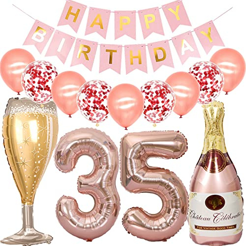 Feelairy Luftballon 35. Geburtstag Deko Frau, Rosegold Folienballon Weinflasche Sektflasche Helium Ballon Champagner Flasche, Girlande Happy Birthday Deko für Geburtstagsdeko 35 Jahre Frauen
