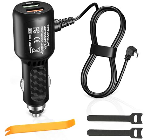 HATMINI 11.5FT Dash Cam Mini USB Power Cable Adapter,With Dual USB Fast Charging Port Dashcam Power Adapter ,90 Degree Mini USB Left Universal Car Adapter Power Cord for Driving Recorders