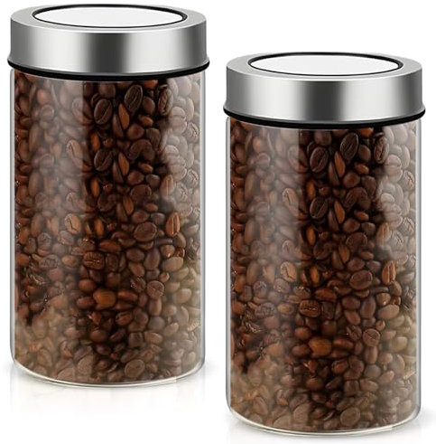 Marchio Barattolo Per Caffè Ermetico: Set Da 2, 800ml, Vetro Borosilicato In Acciaio Inossidabile, Coperchio Sottovuoto, Ideale Per Chicchi Di Caffè & Tè (90 * 160 mm)