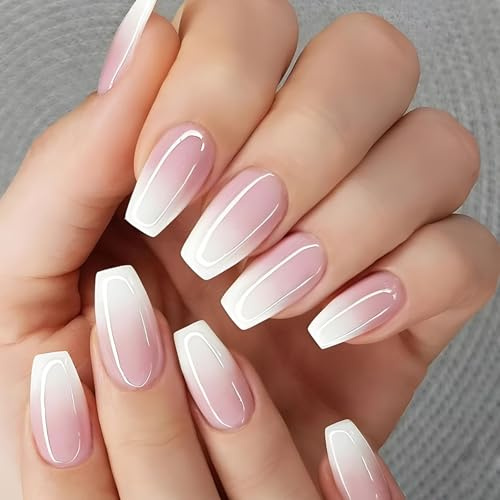 24 Stück Künstliche Nägel Rosa Gradient Mittellang Coffin Ballerina French Press-on Nägel Acryl Vollabdeckung Selbstklebend Kunstnägel für Frauen Mädchen Nail Art