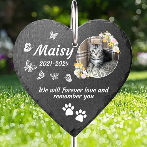 Jodimitty Farbe Foto Grabstein Hund Katze Haustier mit Haken Pfahl, personalisierte Nachricht, Wetterfest Grabplatte Gedenkstein Tombstone für Garten, 10cm/15cm (Herz)