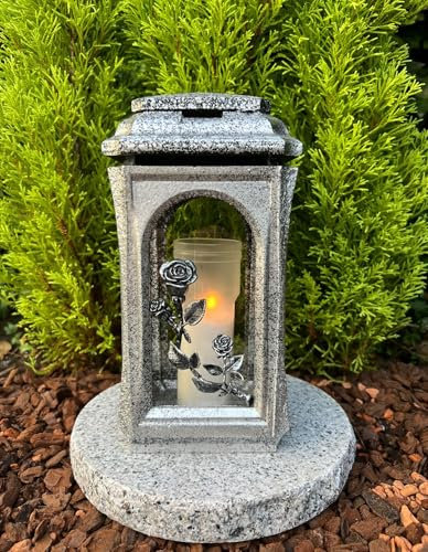 Lanterne funéraire en argent avec rose - Décoration funéraire - 27 cm de haut - Sans socle