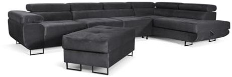 Aller Lang XL Modernes Design Ecksofa mit Schlaffunktion, Bettkasten in Ottomane, Hocker mit Stauraum – Tierfreundlicher Waterproof-Welvet, inkl. 2 runde Kissen, Ottomane rechts. (Dunkelgrau)