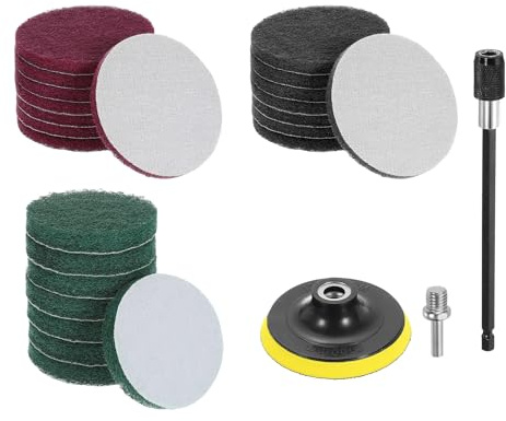 sourcing map 24 Pcs 4 Inch Nylon Hoop Scrubbing Pad 240/400/800 Grits Scrubber Scouring Pads Hoop and Loop Surface Conditioning Drill Scuffing Disc, Green/Red/Grey