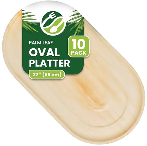 ECO Leaf - 10 platos desechables de hoja de palma, ovalados extragrandes, 56 cm x 30 cm, platos de boda ecológicos, bandejas resistentes de comida caliente para principiantes, canapés, fiestas y