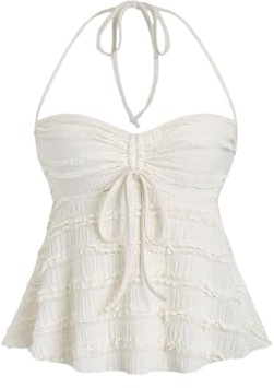 GORGLITTER Women's Ruched Flared Sleeveless Halter Tie Tops Frill Trim Drawstring Bow Front Skinny Party Tunic Tops Apricot Small
