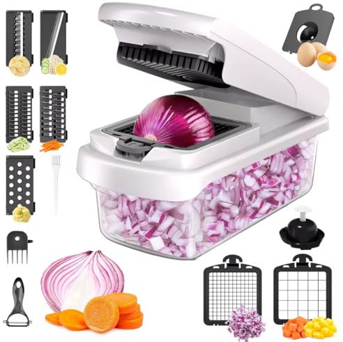 Taglierina Legumes Multifunzionale - Mandolina Cucina- Taglio Legumes 15 in 1 con 7 lame intercambiabili, Mandolina Multifunzionali, taglio Legumes, nuovo design compatto bianco per cipolle cetriolo