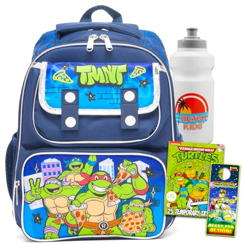 Teenage Mutant Ninja Turtles Mini Backpack for Kids - Bundle with 12” TMNT Backpack Plus Water Bottle, Tattoos, More | Teenage Mutant Ninja Turtles Preschool Bag for Boys