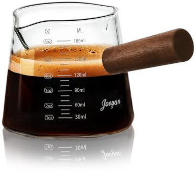 Joeyan 180ml Verre Doseur en Verre Borosilicaté, Mesureur en ml & oz,Petit Pichet Gradué avec double Bec Verseur V et Poignée, Pot à Lait,Measuring Cup Pour Café Espresso,Cocktails,Matcha et Cuisine