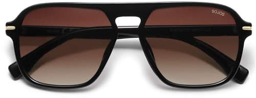 SOJOS Retro Aviator Polarized Sunglasses for Men Women Trendy Vintage Square Pilot Mens Shades SJ2370 Black Frame Brown Grading Lens