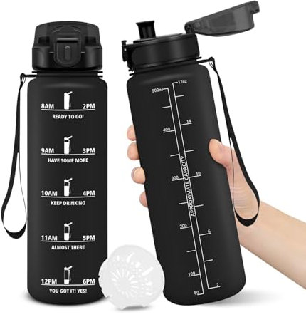 Borraccia, 500ML Senza BPA, Borraccia Bambini, Design della serratura a prova di perdite, Borraccia Motivazionale, Con marca temporale, Bottiglia Acqua per Scuola, Sport, Scalare Montagne - Nero
