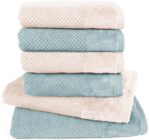 Pure Label 6-TLG. Handtücher Set mit Aufhängeschlaufen aus Baumwolle, saugstark, weich und Oeko-TEX Zertifiziert - 2X Badetuch (70x140 cm) 4X Handtuch (50x100cm), Creme | Türkis