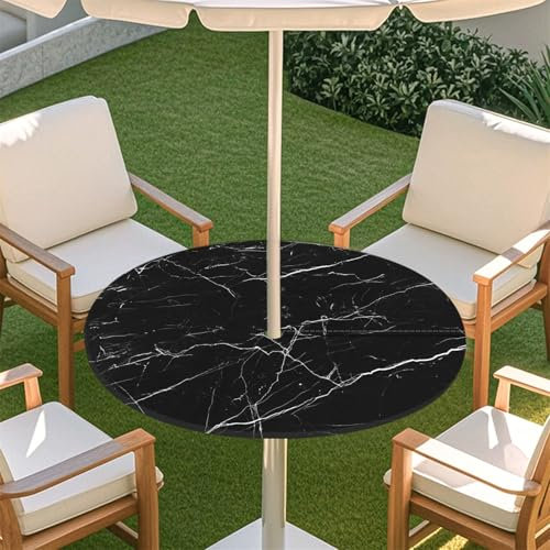 Morbuy Outdoor Tischdecke mit Schirmloch, Marmor Stil Runde Elastische Tischdecke Outdoor, Wasserdicht Tisch Decken mit Gummizug Gartentischdecken Tischtuch Tischschutz (Schwarz Marmor,78-88cm)