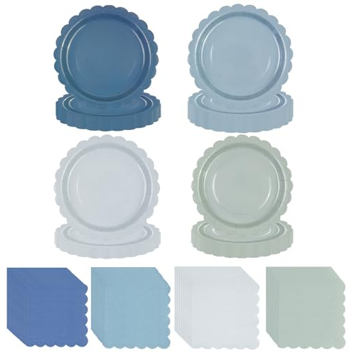 HFBOBP 96 Stück Blaue Servietten und Pappteller,gewellter Rand Farbverlauf Cocktailservietten und Dessertteller für Taufe Geburtstage Hochzeit Brautparty Dinner Party Tischdeko